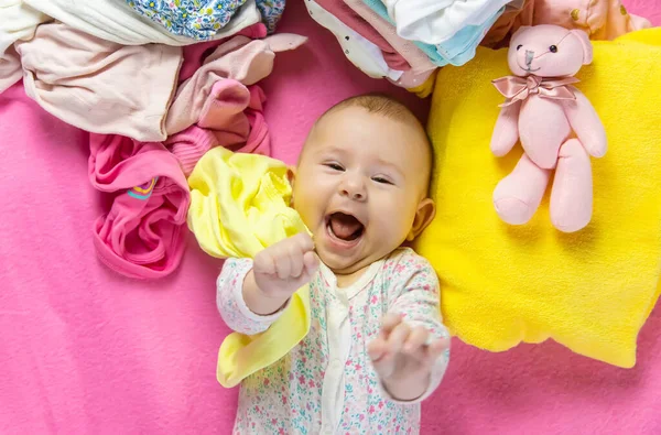 Baby Scattered Clothes Toys Selective Focus People — Stock Photo, Image