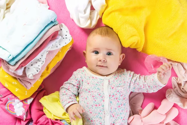 Baby Scattered Clothes Toys Selective Focus People — Stock Photo, Image