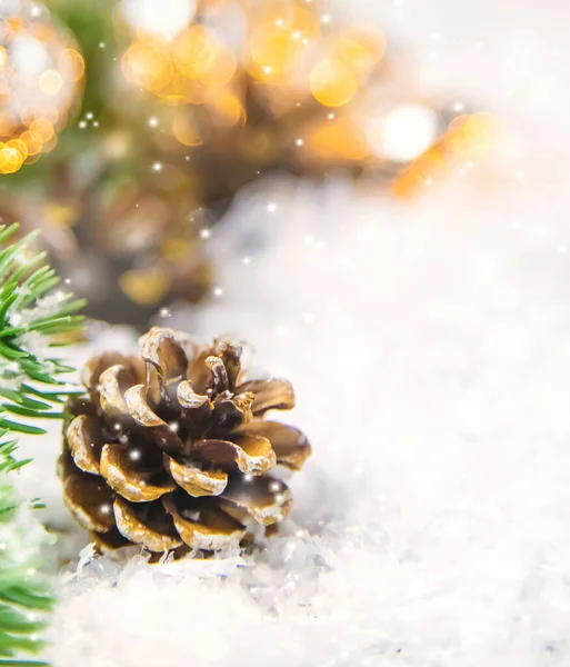 Karácsonyi Dekoráció Fenyőtoboz Hóban Szelektív Fókusz Nyaralás — Stock Fotó