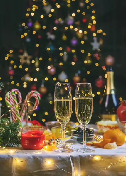 Table Noël Avec Champagne Nourriture Focalisation Sélective Vacances — Photo