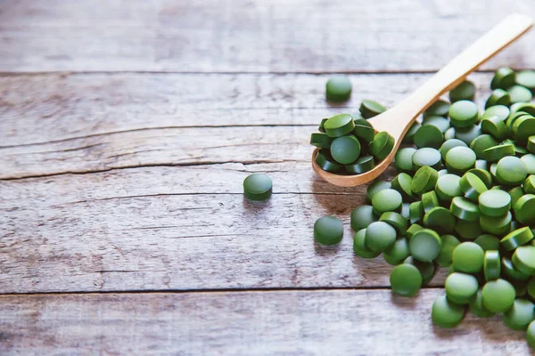 Sono Molte Compresse Spirulina Clorella Concentrazione Selettiva Natura — Foto Stock