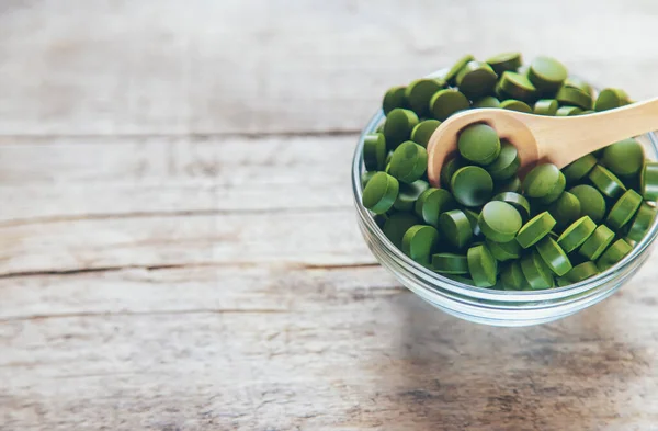 Sono Molte Compresse Spirulina Clorella Concentrazione Selettiva Natura — Foto Stock