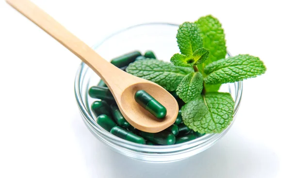 Green Capsules Herbal Medications Sedatives Mint Selective Focus Nature — Stock Photo, Image