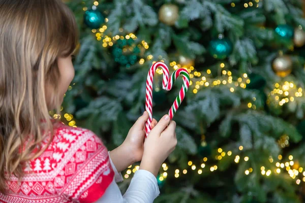 Christmas Candy Canes Hands Child Selective Focus Holiday — Stock Photo, Image