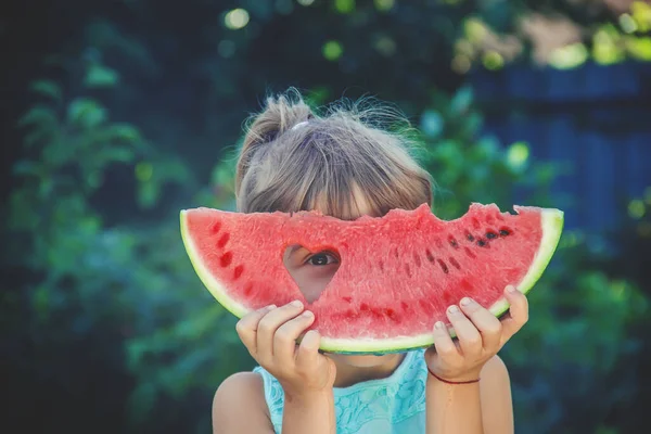 Child Eats Watermelon Summer Selective Focus People — Stock Photo, Image