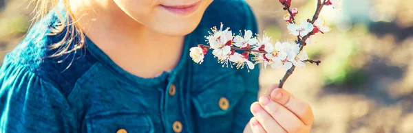 一个在开花的花园里的孩子 有选择的重点 — 图库照片