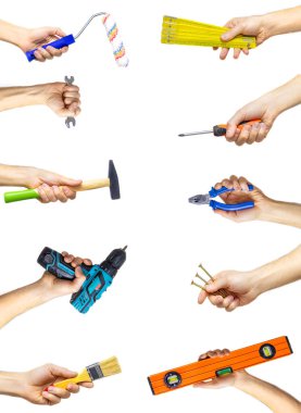 Beyaz arka planda tamir aletleri kolajı. Seçici odaklanma. İnsanlar.