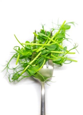 Beyaz arka planda mikro yeşil bezelyeler. Seçici odaklanma. Doğa.