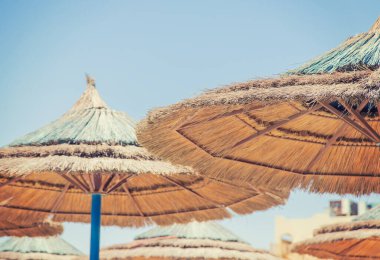 Sahilde şemsiyeler var. Seçici odaklanma. Doğa.