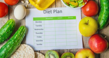 Haftalık diyet planı. Düzgün beslenme kavramı. Seçici odaklanma. Doğa.