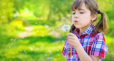 Parkta karahindiba taşıyan kız çocuğu. Seçici odak.