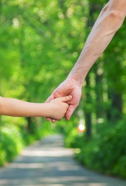 Baba ve çocuk el ele tutuşur. Seçici odaklanma. Doğa.