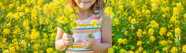 Enfant Dans Champ Jaune Moutarde Fleurit Concentration Sélective — Photo