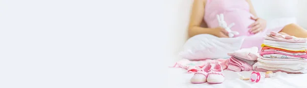 Pregnant Woman Folding Baby Things Selective Focus People — Stock Photo, Image