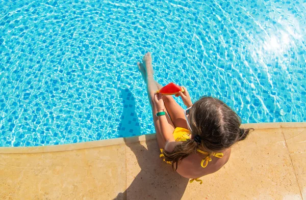 Child Girl Eats Watermelon Pool Selective Focus Kid — Foto de Stock