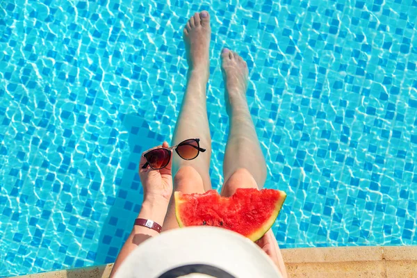 Woman Pool Watermelon Selective Focus Girl — Foto de Stock