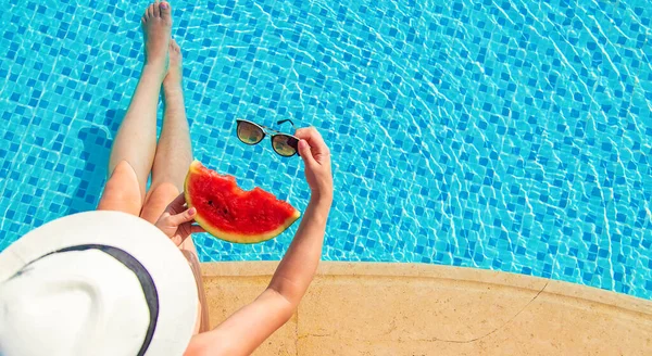 Woman Pool Watermelon Selective Focus Girl — Foto de Stock