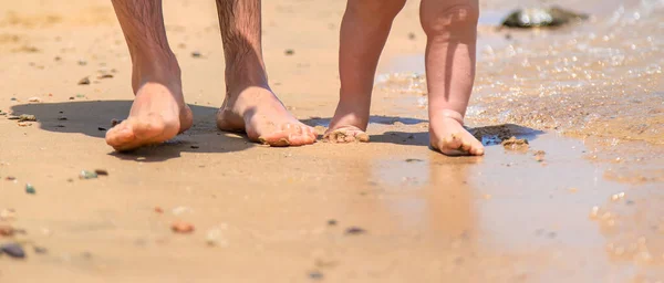 Малыш Папа Гуляют Пляжу Выборочный Фокус Ребёнок — стоковое фото