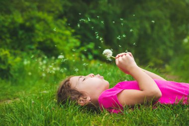 Çocuk doğada karahindiba üflüyor. Seçici odaklanma. Doğa.