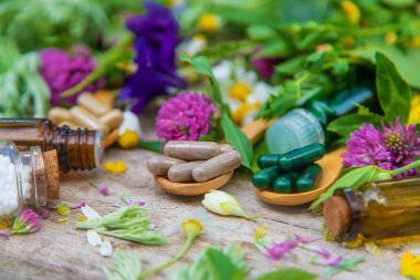 Homeopati bitkileri ve ilaç hapları. Seçici odaklanma. Doğa.