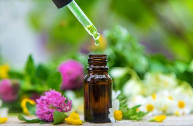 Küçük bir şişedeki şifalı bitkilerin tentürü. Seçici odaklanma. Doğa.