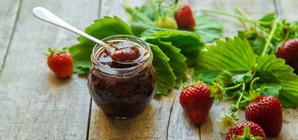 Homemade Strawberry Jam Jar Selective Focus Food — Fotografia de Stock