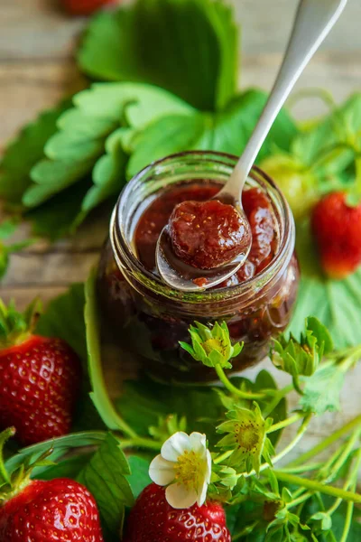 Homemade Strawberry Jam Jar Selective Focus Food — Fotografia de Stock