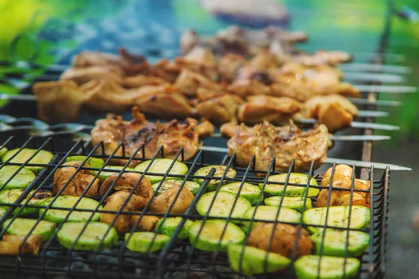 Man Roasts Meat Fire Selective Focus Food — Stock Photo, Image