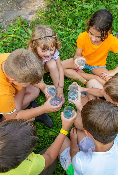 Kinder Trinken Gemeinsam Wasser Freien Selektiver Fokus Kinder — Stockfoto