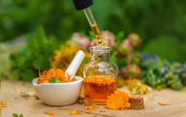 Şişedeki şifalı bitkilerin tentürü. Seçici odaklanma. Doğa.