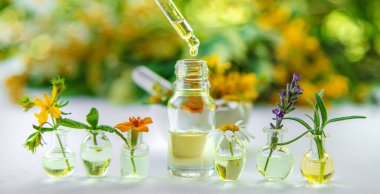 Temel yağlar ve bitkisel özler küçük şişelerde. Seçici odaklanma. Doğa.