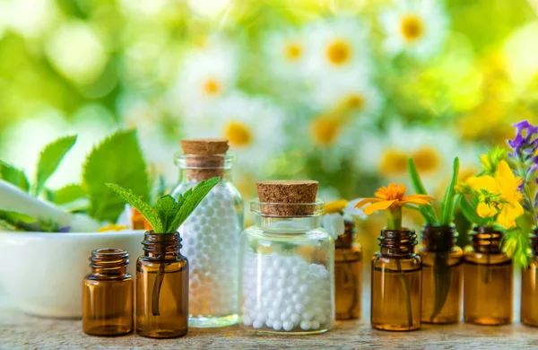 Essential Oils Herbal Extracts Small Bottles Selective Focus Nature — Stock Photo, Image