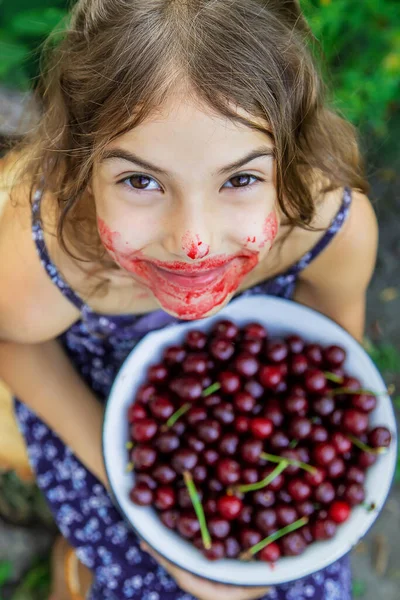 Child Eats Cherries Garden Selective Focus Food — Stock Photo, Image