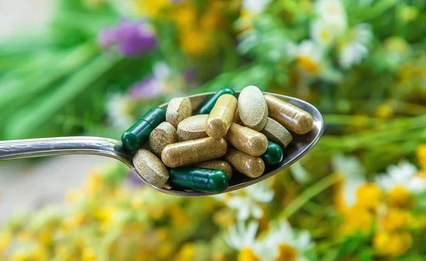 Kosttillskott Och Vitaminer Med Medicinalörter Selektivt Fokus Natur — Stockfoto