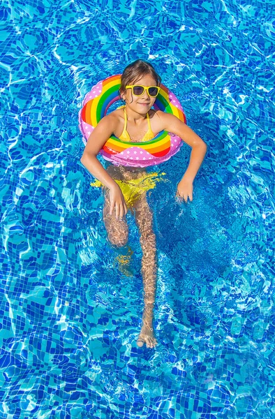 Child Swims Circle Pool Selective Focus Kid — Stock Photo, Image