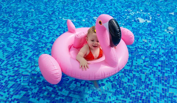 Bebé Nada Num Círculo Piscina Foco Seletivo Natureza — Fotografia de Stock