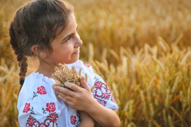 Buğday tarlasında bir çocuk. Vyshyvanka 'da, Ukrayna' nın Bağımsızlık Günü kavramı. Seçici odaklanma. Çocuk.