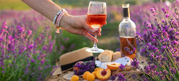 Eine Frau Hält Wein Gläsern Picknick Lavendelfeld Selektiver Fokus Natur — Stockfoto