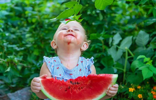 Baby Eats Watermelon Summer Selective Focus Food — Stock Photo, Image