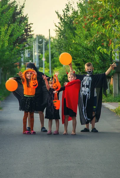 Kinderen Vieren Halloween Gekleed Kostuums Selectieve Focus Kinderen — Stockfoto