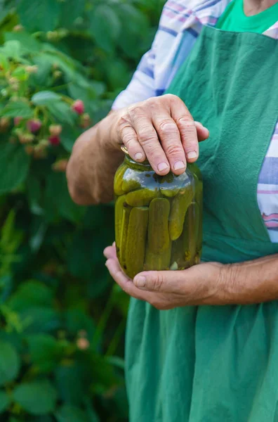 Grandmother Canning Cucumbers Winter Selective Focus Food — Stock Photo, Image