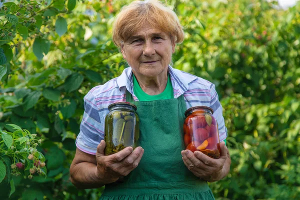 Grandma Cans Tomatoes Cucumbers Winter Selective Focus Food — Stock Photo, Image