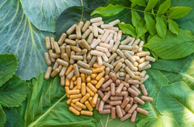 Various herbal supplement capsules. Selective focus. nature.