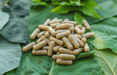 Various herbal supplement capsules. Selective focus. nature.