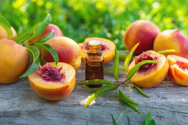 Peach kernel oil and supplements. Selective focus. nature.