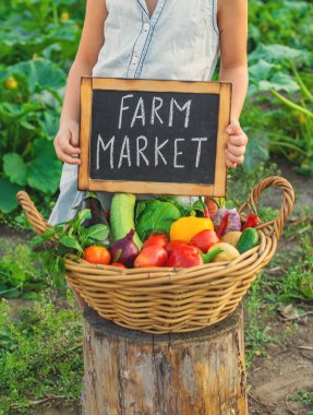 Çiftçi pazarında sebzeli bir çocuk. Seçici odaklanma. Yiyecek..