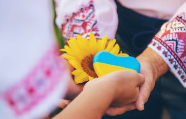 Kalp, nakışlı bir gömlekle ayçiçeği tarlasında ellerde. Seçici odaklanma. Doğa.