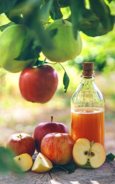Bahçede elma sirkesi. Seçici odaklanma. Yiyecek..