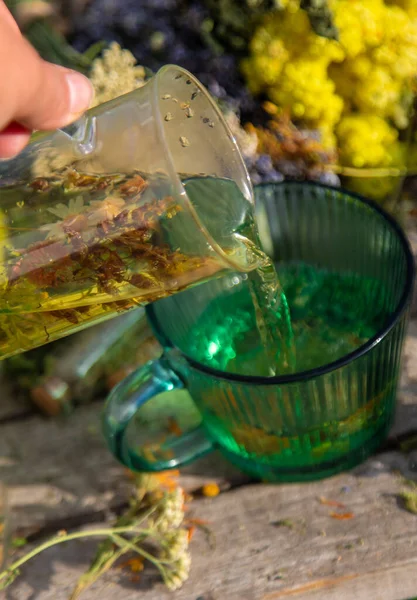 Bir kadın bitki çayı yapar. Seçici odaklanma. Doğa.