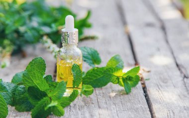 Şişe içindeki nane yağı. Seçici odaklanma. Doğa.